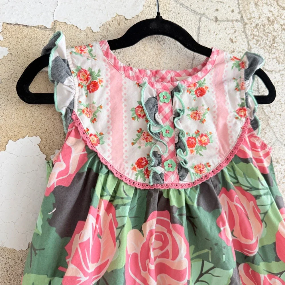 Matilda Jane Dress Floral Gingham Ruffles Pink‎ Green Girls 6
